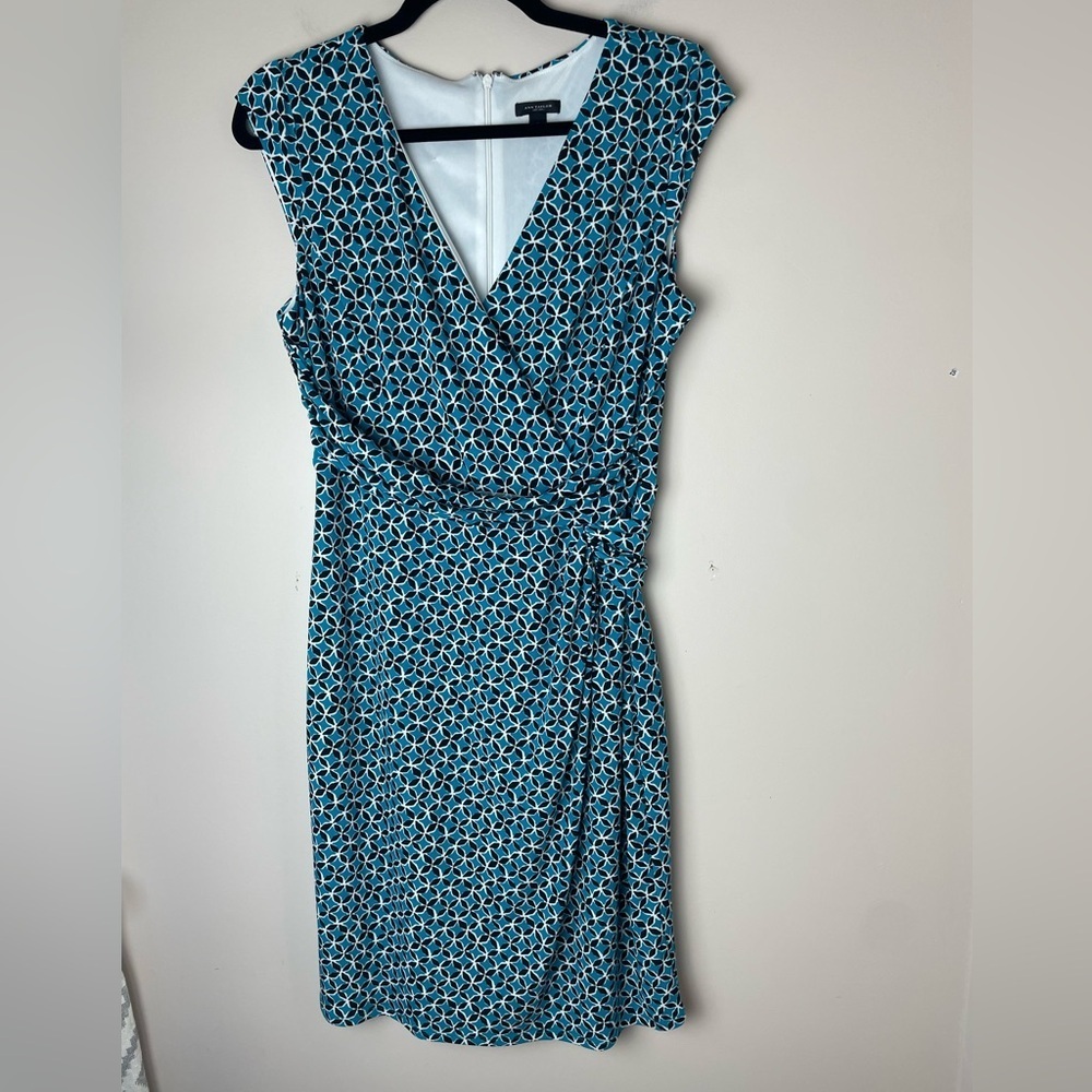 Ann Taylor Black Label Dress Geometric Print Faux Wrap Sz 8 Sleeveless Teal
